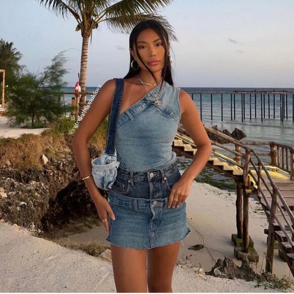 Zara Blue ZW ASYMMETRIC DENIM TOP Size Small - Picture 2 of 10